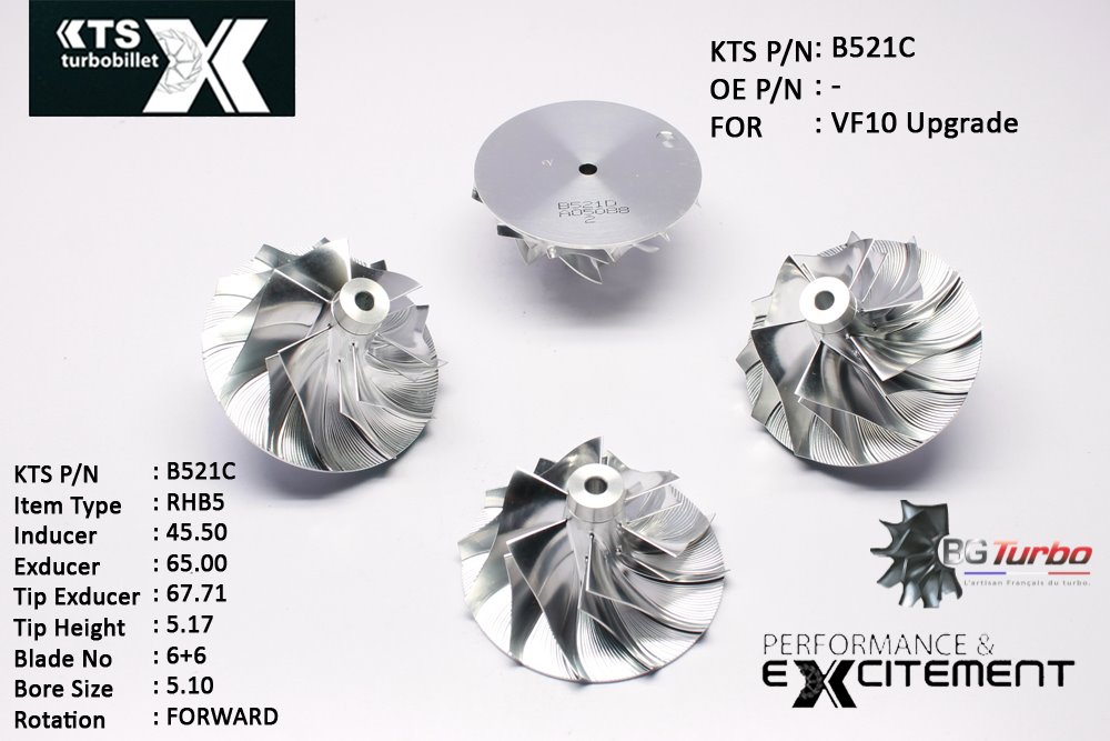 Turbo ROUE FORGÉE MFS PERFORMANCE - 6+6 PALES - INDUCER : 45,5 - EXDUCER : 65 - TYPE : RHB5ANGLE : 60° - ROTATION : Forward - SUPER BACK : 0 - BORE SIZE : 5,1
